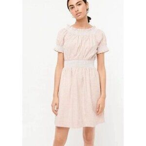 J. Crew Smocked Puff Sleeve Dress‎ Women Medium Peach Gingham Milk Maid Peasant